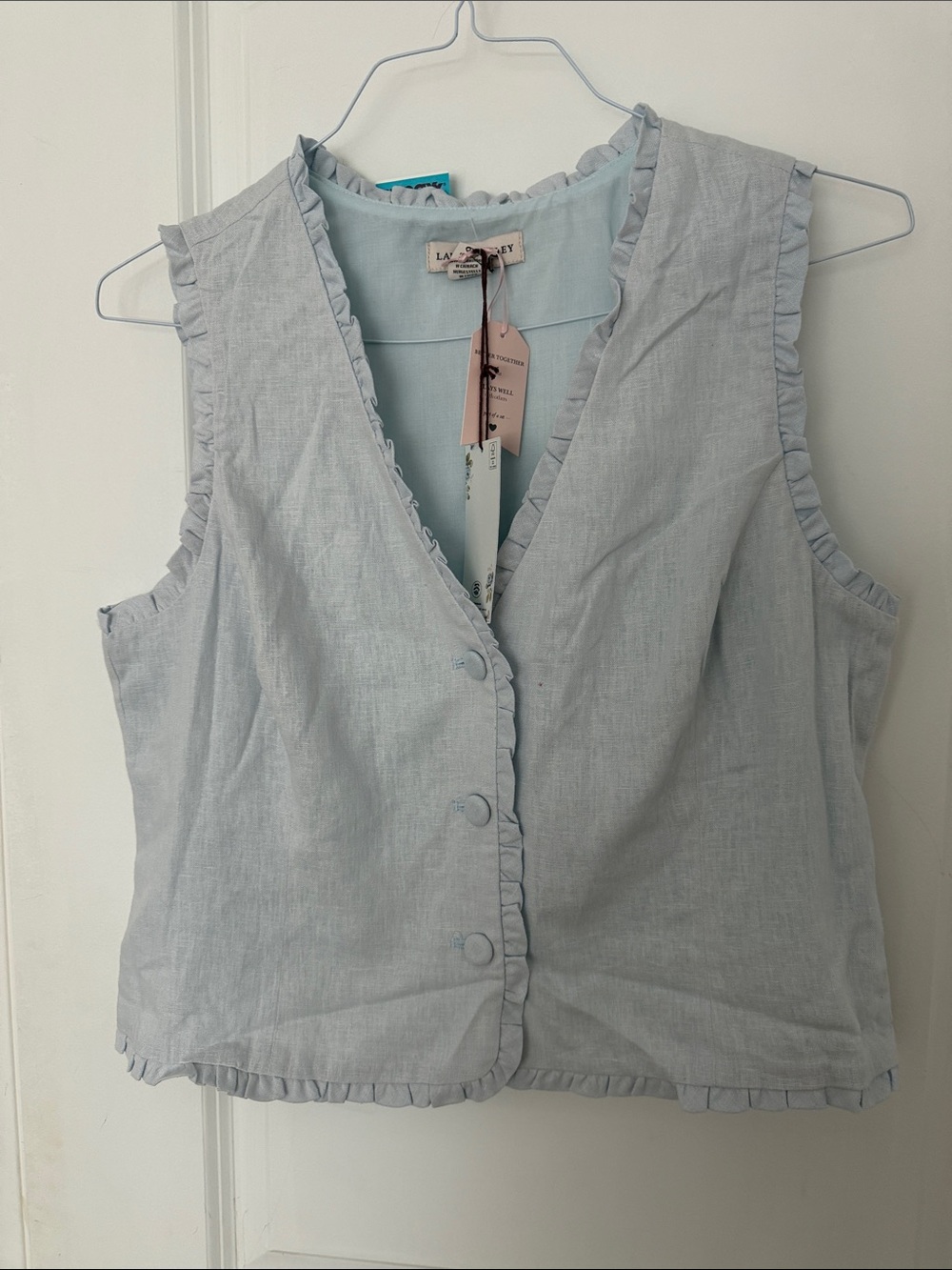 Laura Ashley Light Blue Ruffle-Trim Sleeveless Button Down Top